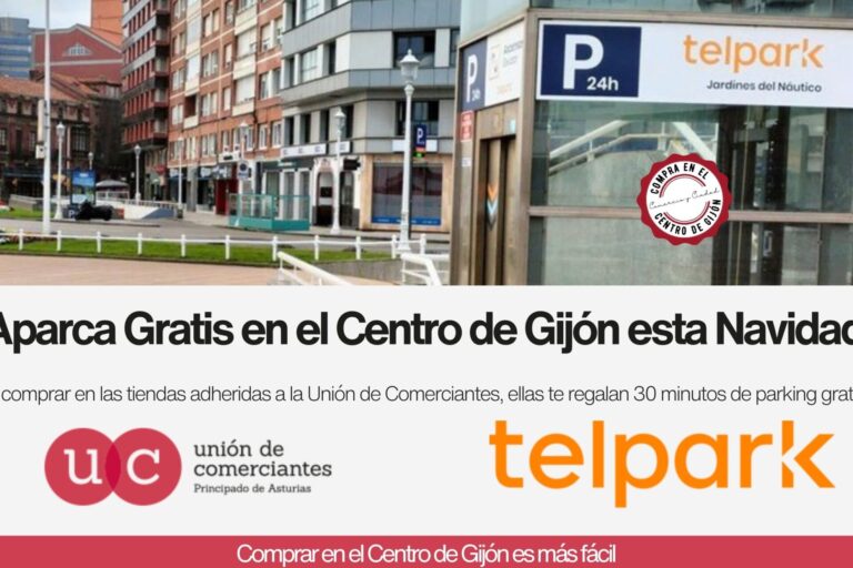 Acceso al parking de Jardines del Náutico en Gijón con logos de Telpark y la Unión de Comerciantes, campaña de aparcamiento gratuito por comprar en las tiendas del Centro.