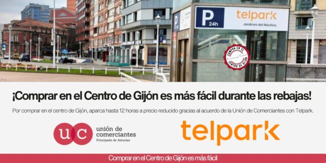 Acceso al parking de Jardines del Náutico en Gijón con imagen de campaña para facilitar el aparcamiento y apoyar las compras en el centro durante las rebajas.