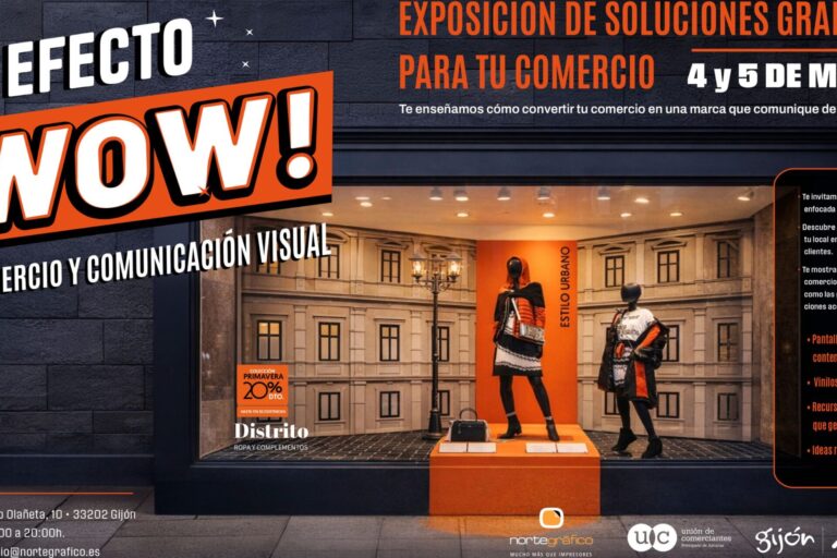 Exposición Efecto WOW sobre comunicación visual en el comercio de Asturias celebrada en La Rampla Gijón con soluciones gráficas y escaparatismo para tiendas.