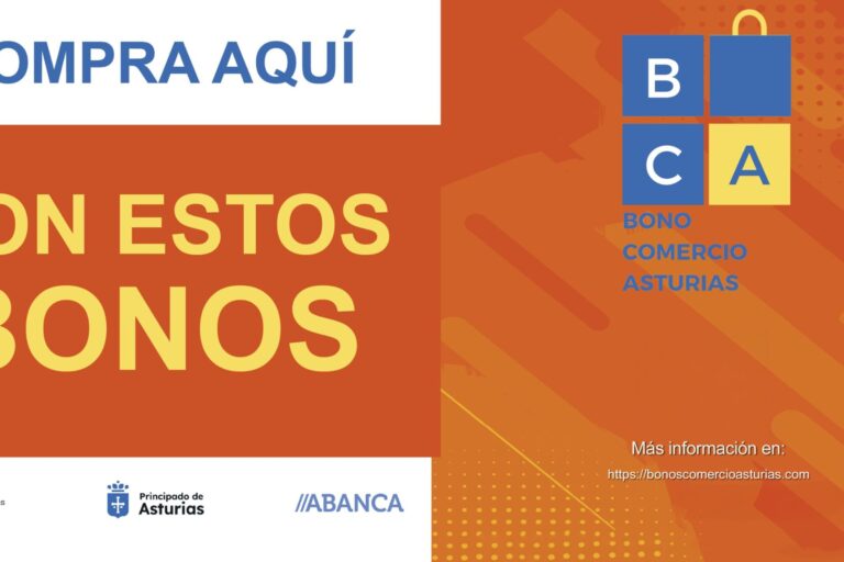Cartel de la campaña Bono Comercio Asturias 2026 con el mensaje Compra aquí con estos bonos