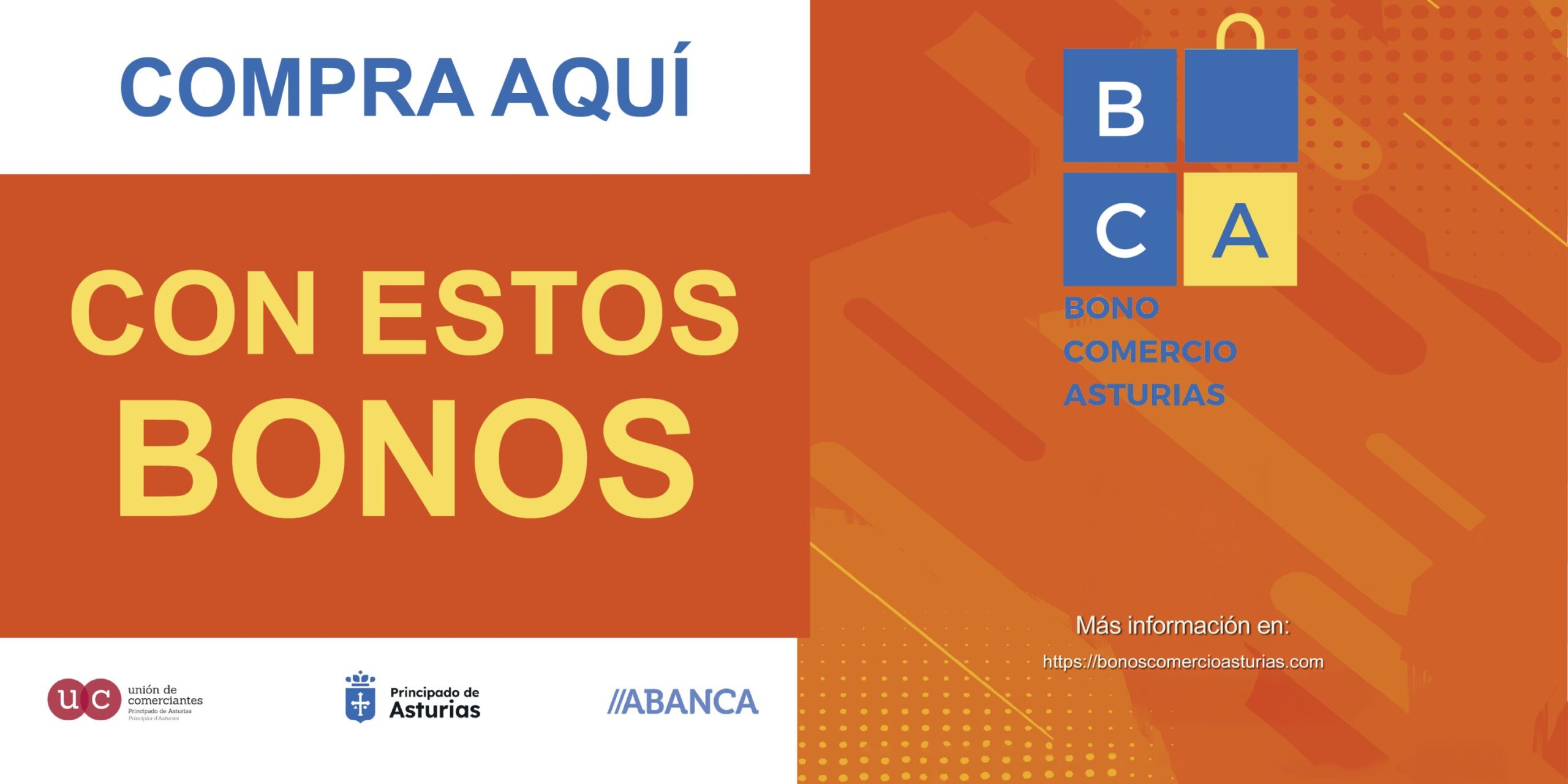 Cartel de la campaña Bono Comercio Asturias 2026 con el mensaje Compra aquí con estos bonos