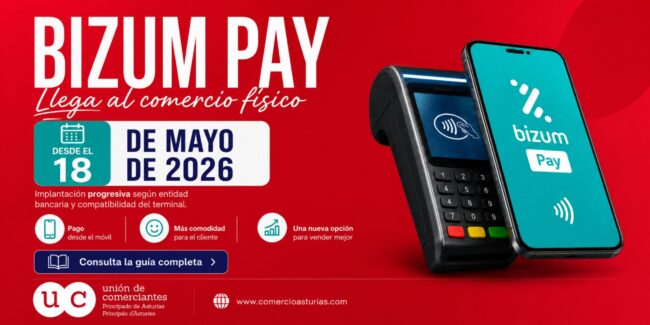 Imagen promocional de Bizum Pay para el comercio local, con un móvil junto a un datáfono y la fecha de inicio prevista en comercios físicos: 18 de mayo de 2026.
