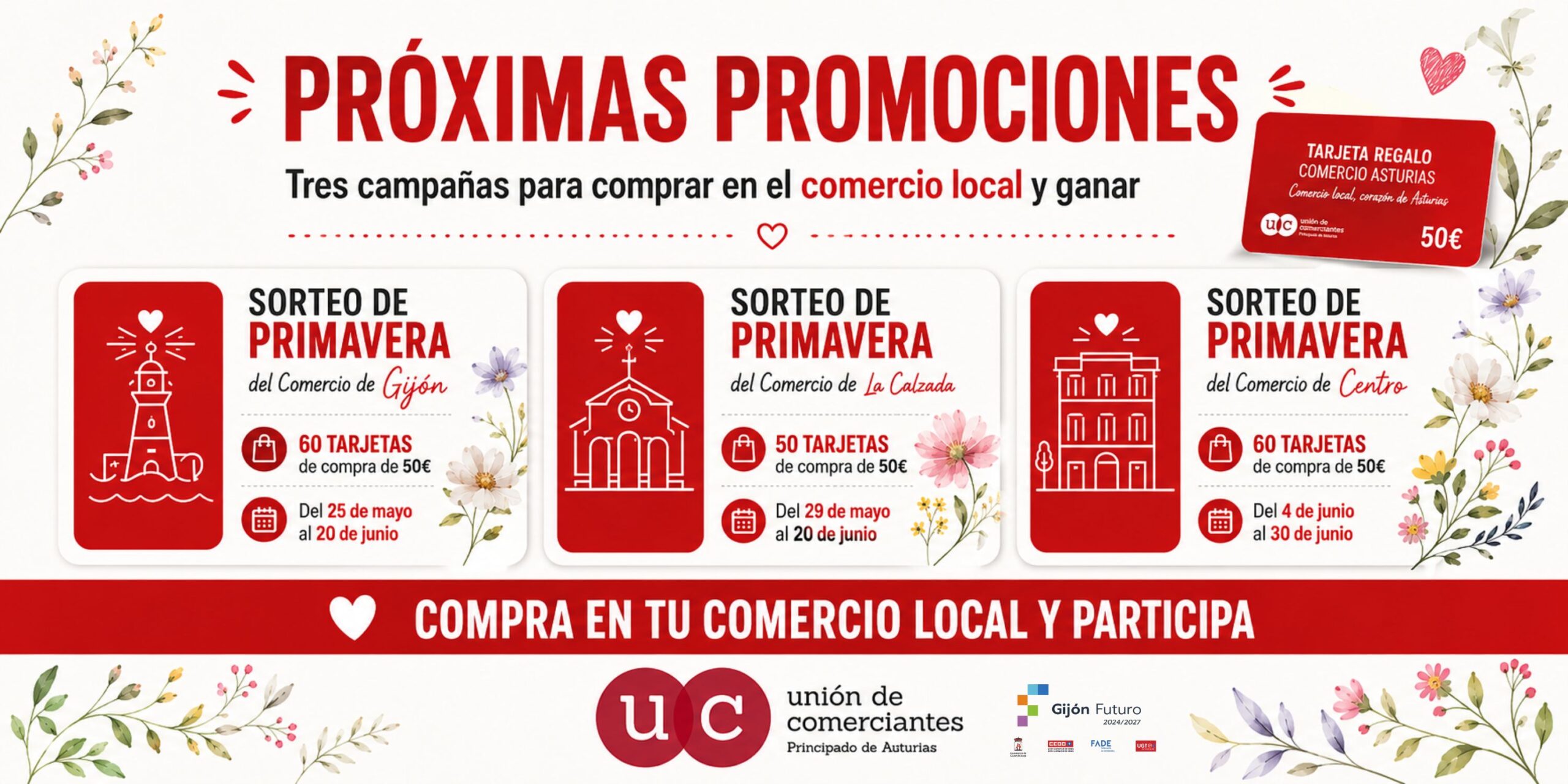 Imagen de próximas promociones en Gijón con sorteos de tarjetas de compra de 50 euros en Zonas Comerciales de Gijón, La Calzada y Centro de Gijón.