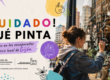 Cartel del proyecto ¡Cuidado! Qué pinta, con alumnado interviniendo escaparates de comercios de Gijón dentro de una iniciativa de arte joven y comercio local.